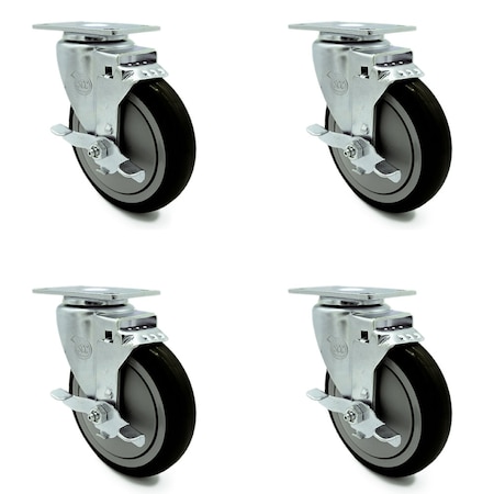 Service Caster 5 Inch Black Polyurethane Wheel Swivel Top Plate Caster Set with Brake SCC SCC-20S514-PPUB-BLK-TLB-TP2-4